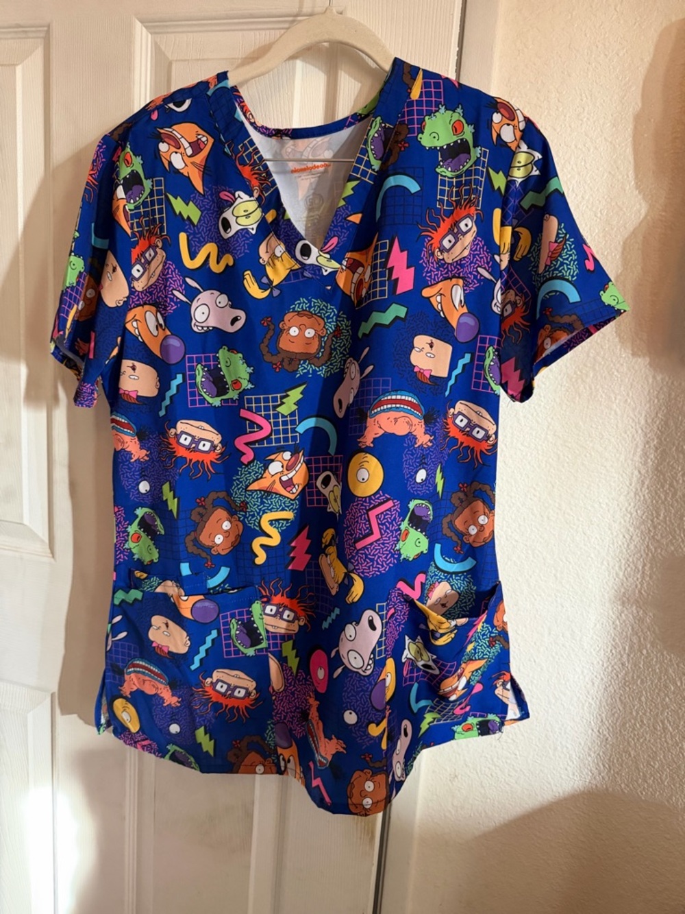 Bright Blue Cartoon Print Scrub Top